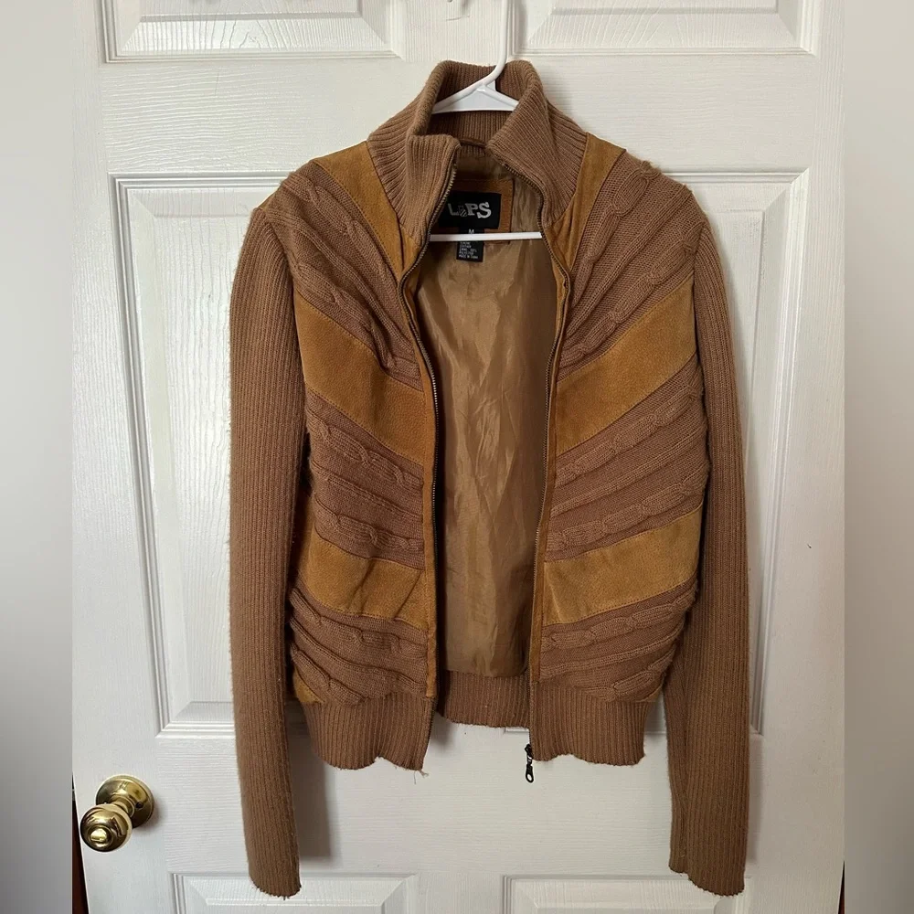 Vintage LIPS Women's Brown Leather Zip up Jacket Knit Accents and Sleeves - Picture 1 of 3